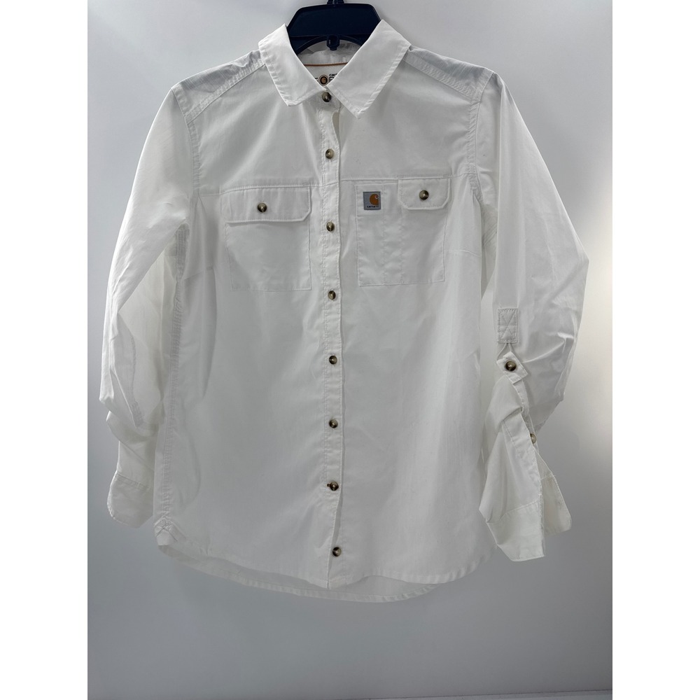 Carhartt Force Womens White Ripstop Roll Tab Button Down Work Shirt S 102473